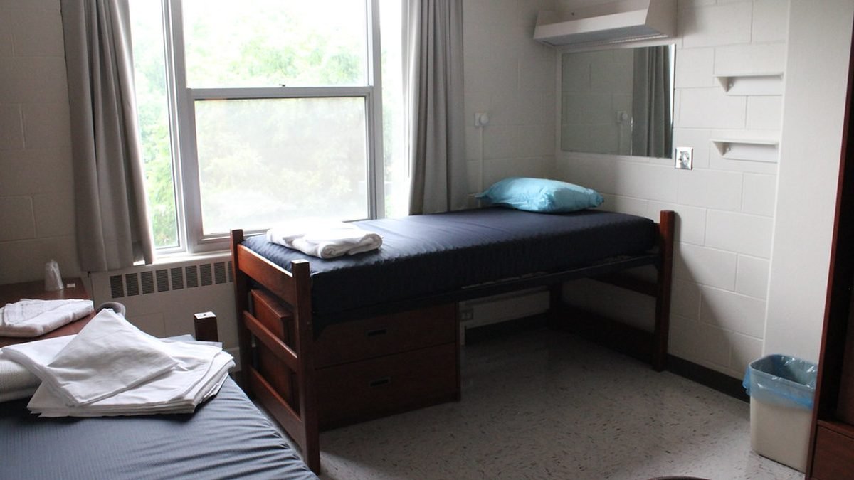 A tidy college dorm room where an emotional support animal can live