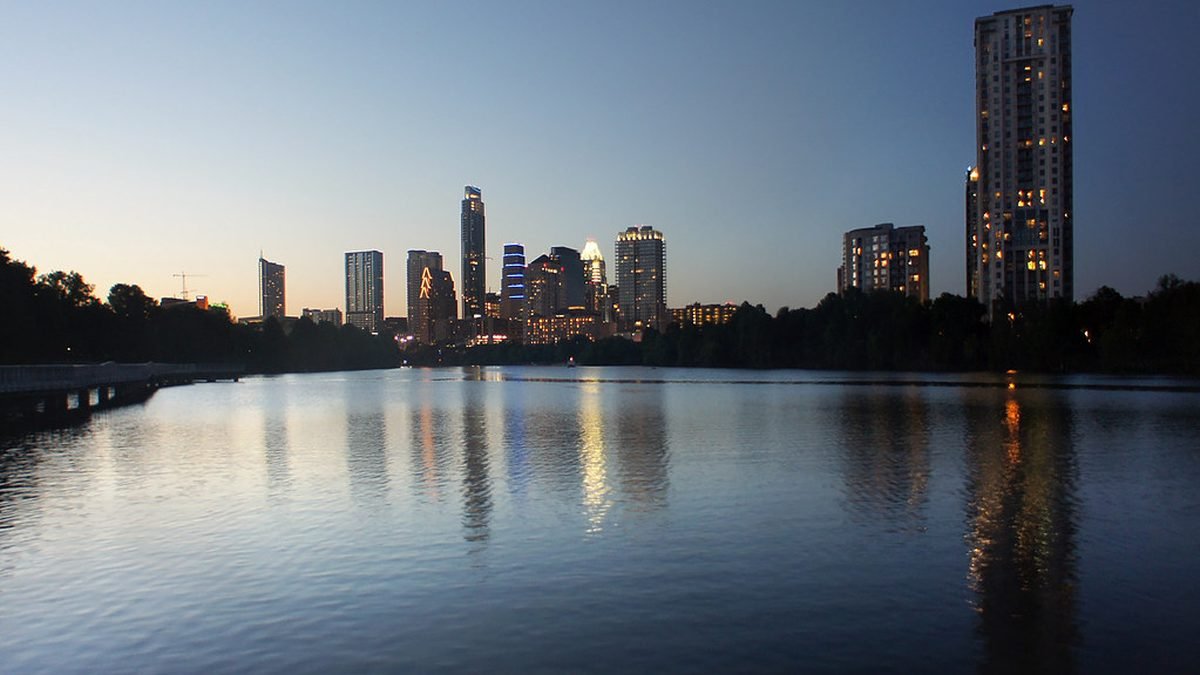 Austin Texas skyline at dusk, ESA letters in Texas