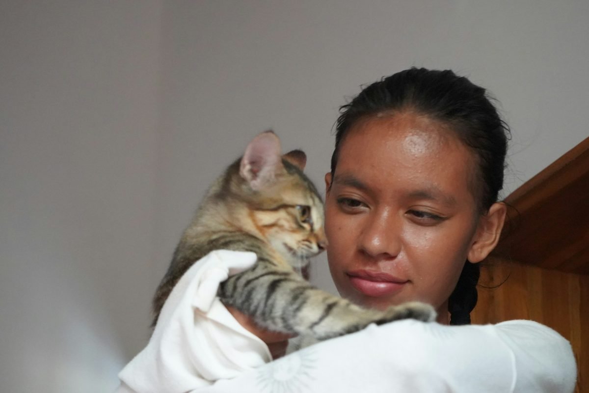 Mujer joven abraza en casa a su gato atigrado de apoyo emocional